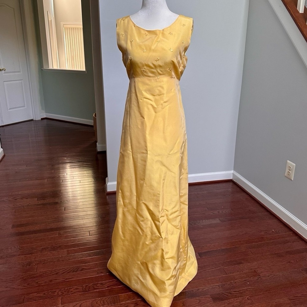 Vintage 80s 90s Y2K Yellow Iridescent Handmade Formal Embroidered Gown Dress